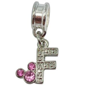 Vtg Disney Pink Crystal Mickey Mouse Ears European Slide Charm Initial Letter F